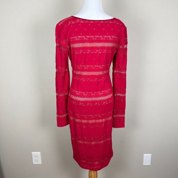 Bcbg Max Azria Dress Medium Lace Illusion Sheath Tanya Sangria Red Bodycon LS - Picture 6 of 12